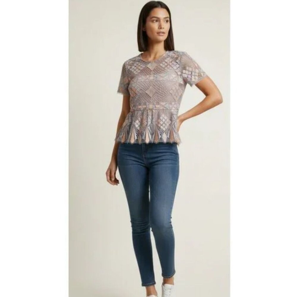 BCBGMAXAZRIA "Caleste" Short Sleeve Tulle/Lace Short Top Gray/Peach Women L